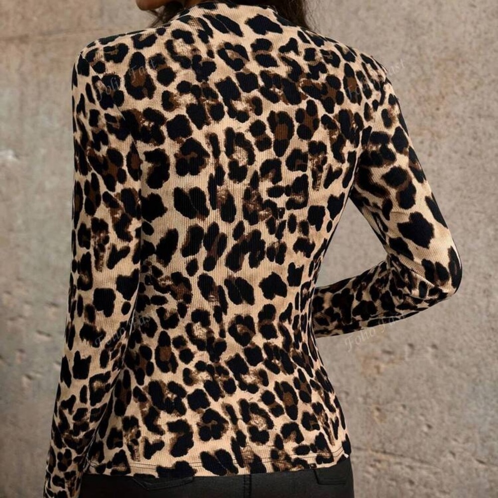 Women Leopard Spot Printed Long Sleeve Hollow Out Fitted T-Shirt - Picture 2 of 3